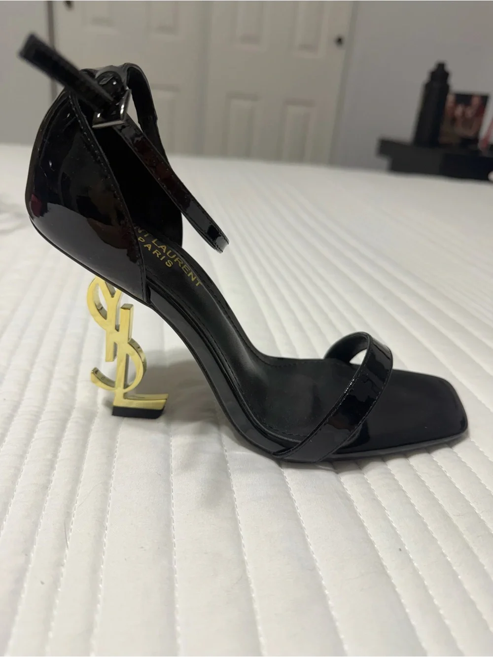 Saint Laurent Black Patent Leather Ankle-Strap Sandals with Gold YSL Logo Heels - Picture 6 of 8